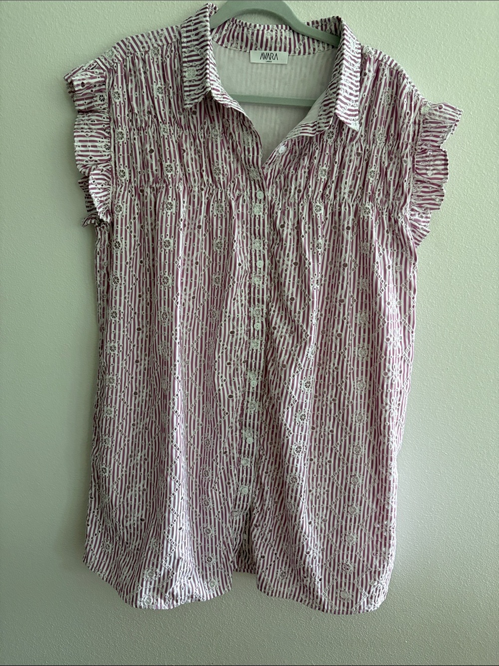 AVARA Purple and White Striped Button-Front Ruffle Sleeve Dress